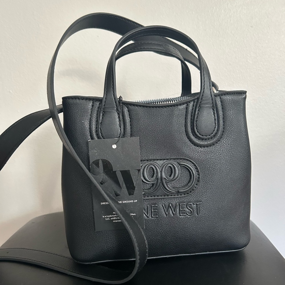 Nine West Black Leatherette Satchel with Embossed Logo